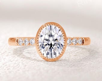 Elegant Oval Moissanite Engagement Ring, Rose Gold Milgrain Ring, Vintage Bridal Gift For Her