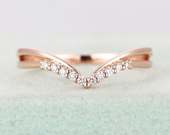 Diamond wedding band Women Curved Chevron Half eternity Micro Pave Unique Matching Stacking Bridal ring Jewelry Anniversary