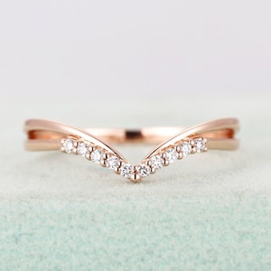 Rose gold wedding band,Diamond Curved ring,Women's Chevron and Unique Stacking ring,Matching Bridal Jewelry,Anniversary