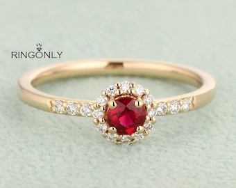 vintage Ruby engagement ring Halo diamond ring Delicate 14K Yellow Gold Pave Ring Art Deco Prong Set Bridal Ring Unique Promise Ring