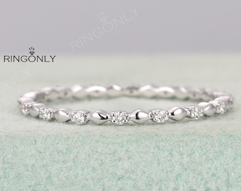 Delicate diamond wedding band, White gold simple matching band, stacking promise ring for women