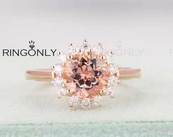 Morganite engagement ring in Rose gold,Moissanite Wedding ring,Flower Antique Unique Bridal ring,Jewelry ring,Anniversary Gift for her