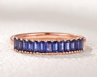 Art Deco Baguette Sapphire Wedding Band, Geometric Bridal Promise Ring, Matching Band, Women Gift