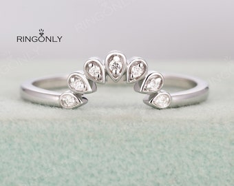 Curved Wedding band Women Diamond Wedding band White gold Delicate ring Unique Matching Stacking Jewelry Promise Anniversary