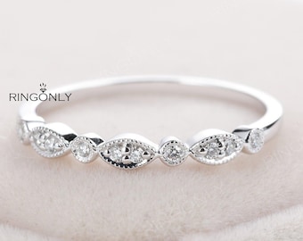 White gold Wedding Band Women Vintage Stacking Art Deco Half Eternity Moissanite Antique Milgrain Unique Bridal Promise Anniversary Gift