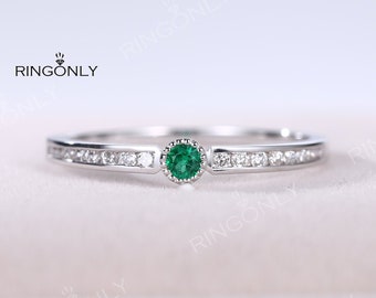 Simple Lab Emerald engagement ring Half Eternity band Thin Dainty wedding ring Gold Channel set delicate diamond Promise Stacking ring