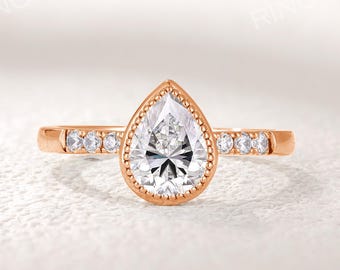 Vintage Milgrain Pear Moissanite Ring, Dainty Rose Gold Engagement Ring, Bridal Gift for her