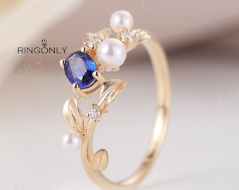 Vintage Natural Sapphire engagement ring, Dainty pearl Leaf ring, Moissanite Cluster wedding band Women