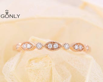 Yellow Gold Wedding Band,Vintage Stacking Bridal ring,Half Eternity moissanite ring,Milgrain Unique stacking ring ,Promise ring