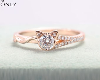 Vintage moissanite engagement ring,art deco rose gold ring, animal cat shaped ring, diamond ring, unique wedding ring,anniversary ring