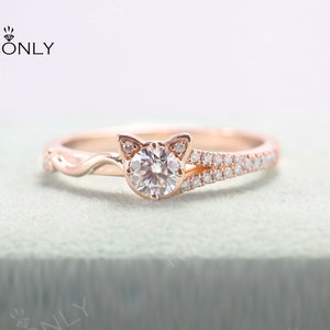 Vintage moissanite engagement ring,art deco rose gold ring, animal cat shaped ring, diamond ring, unique wedding ring,anniversary ring