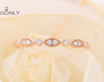 Rose gold engagement ring women round cut Diamond Milgrain Art deco Delicate Unique Promise Jewelry wedding band Anniversary