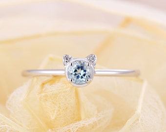 Aquamarine diamond engagement ring,white gold,women wedding ,Delicate Dainty Promise Cat ring,Animal Jewelry,Unique anniversary