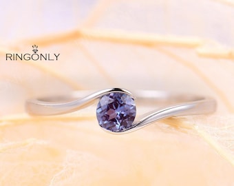 Vintage lab alexandrite engagement ring, White Gold Solitaire wedding ring, Delicate Bridal Gift Women