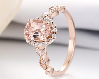 Vintage organite & Moissanite Engagement Ring, Rose Gold Milgrain Halo Band, Elegant Anniversary Promise Gift