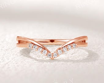 Elegant V-Shaped Moissanite Stacking Ring, Dainty Chevron Wedding Band, Split Shank Bridal Ring Women