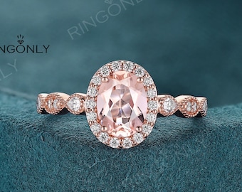 Vintage Oval morganite engagement ring, Delicate Milgrain diamond Halo ring, Anniversary Promise Gift