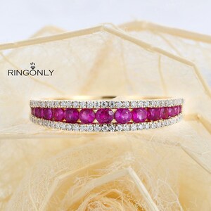 Vintage Peach Pink Sapphire wedding band, Dainty Half Eternity Moissanite ring,Unique Matching Wedding Ring,Promise Anniversary Gift for her image 2