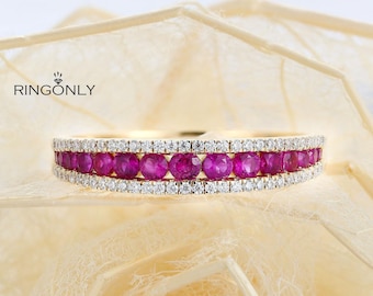 Vintage Peach Pink Sapphire wedding band, Dainty Half Eternity Moissanite ring, promise Anniversary Gift