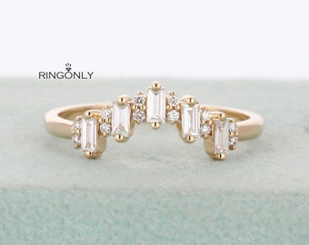 Curved wedding band Baguette diamond CZ ring Rose gold prong set ring Chevron ring Matching band Five stones ring Bridal anniversary ring