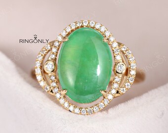 Jadeite Jade bague Antique bague de fiançailles vintage Femmes Mariage Halo Diamant Ovale Ensemble De Mariée Bijoux Déclaration Anniversaire