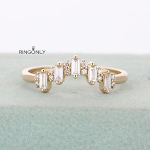 Curved wedding band Baguette diamond CZ ring Rose gold prong set ring Chevron ring Matching band Five stones ring Bridal anniversary ring image 1