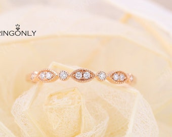 Yellow Gold Wedding Band,Vintage Stacking Bridal ring,Half Eternity Diamond/moissanite ring,Milgrain Unique stacking ring ,Promise ring