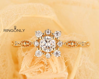 Vintage Engagement Ring Art Deco Antique engagement ring Anniversary ring 14K gold Diamond Ring Cluster Flower Promise gift Bridal Milgrain