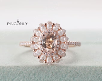 Morganite engagement ring, Oval cut Unique and Vintage Moissanite ring Rose gold, Women's ring,Halo Bridal Jewelry, Anniversary