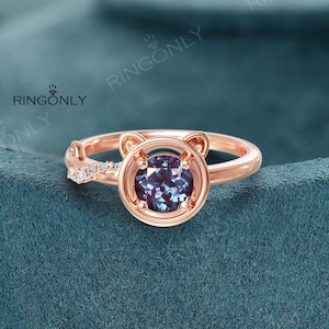 Verlovingsring Alexandrite Cat - 14K roségouden sierlijke Kitty-trouwring | Fijne dierenring fijne sieraden Cadeau voor haar