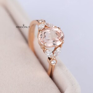 Vintage morganite engagement ring Oval cut prong set ring Unique rose gold ring Marquise & round cut moissanite diamond ring Bridal ring image 2