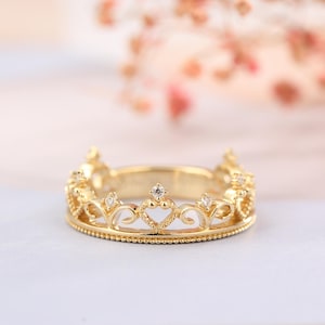 Art deco wedding band Unique wedding band Women Vintage Antique Princess Crown Diamond Milgrain Stacking Bridal set Jewelry Anniversary gift