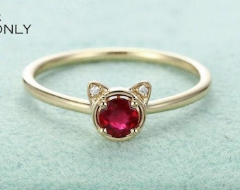 Minimalist Animal cat Ruby engagement ring, Women Wedding Diamond Jewelry, Bridal Anniversary Birthstone Ring