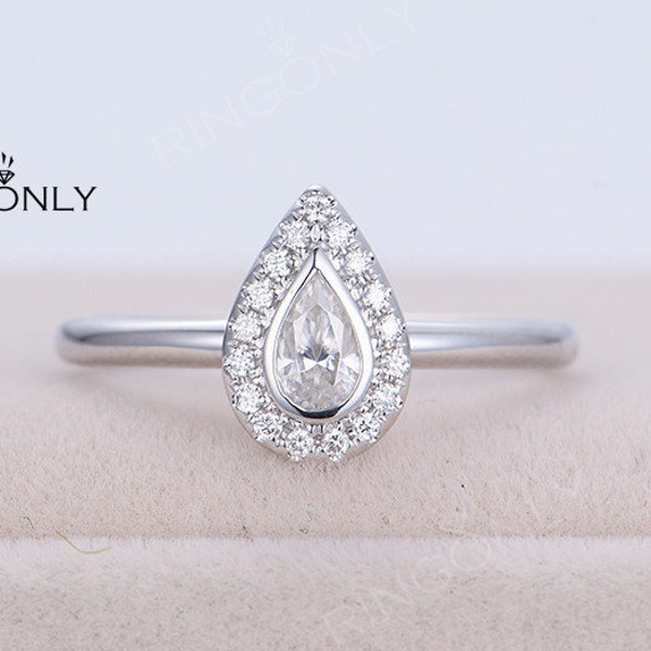 Moissanite engagement ring in White gold,Unique ring,Halo Diamond Wedding ring,Pear shaped Jewelry,delicate anniversary Gift for Women