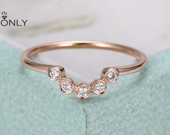 Rose gold Curved Diamond Wedding Band women Chevron Tiny Dainty Diamond Ring bridal set Arc stacking matching band Promise Anniversary Gift