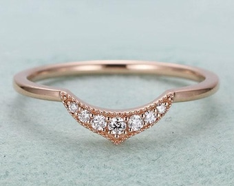 Antique Moissanite Curved Wedding Band, Vintage Rose Gold Stacking Ring, Dainty Princess Crown Band