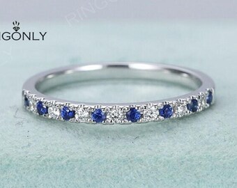 Elegant Sapphire Wedding band, White gold Diamond Stacking Ring, Matching Anniversary Promise Gift Women