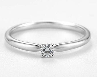 Minimalist round diamond engagement ring, white gold Simple Solitaire ring, Dainty wedding band women