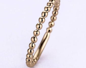 Dainty Beaded Stacking Ring, Minimalist Gold Bead Band, Thin Solid Beaded Wedding Ring, Everyday Layering Jewelry, Unique Gift for Women
