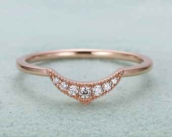 Stacking Curved Wedding Band,Antique Women Art Deco,14K Gold Matching,Princess Crown,Thin Dainty Diamond Vintage Unique Delicate Rose Gold