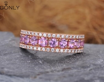 Pink sapphire ring Diamond engagement ring Rose gold Women Wedding Stacking Anniversary  Bridal Jewelry Half eternity Micro pave