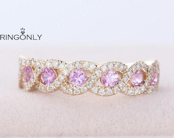 Romantic Pink Sapphire Diamond Wedding Ring, Elegant Sweet Swist Band, Vintage Gift For Her
