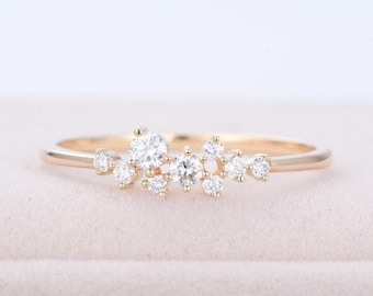 Unique Engagement Ring,Yellow Gold moissanite Cluster ring,Flower Wedding Mini Twig Bridal set,Promise Stacking Anniversary ring