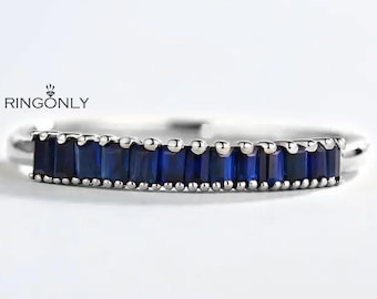 Art Deco Baguette Sapphire Wedding Band, Half Eternity Stacking Ring, Matching Promise Gift Women