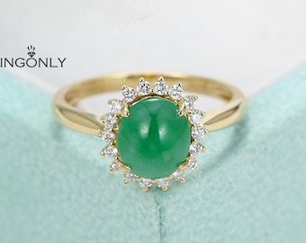 Jadeite Jade ring,Halo Oval cut engagement ring,Delicate Diamond Wedding,Women Unique 14K Gold Bridal set,Promise Anniversary