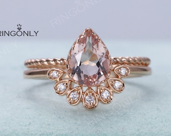 Engagement ring set Rose gold Pear shaped Solitaire Morganite Curved Diamond Wedding band Women Bridal Jewelry Anniversary gift Twisted band