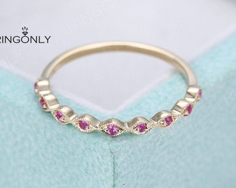 Rose gold ring Art deco Wedding band Women Pink sapphire Milgrain Unique Stacking Matching Bridal Jewelry Promise Anniversary