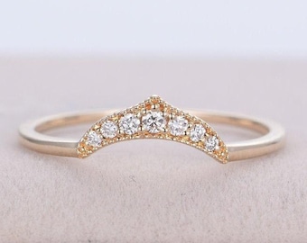 Vintage Milgrain Moissanite Chevron Ring, Detailed Bridal Curved Wedding Band, Stacking Gift For Her