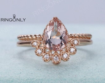 Vintage Engagement ring set Pear shape Solitaire Morganite Diamond Wedding band Anniversary gift Twisted band only one available
