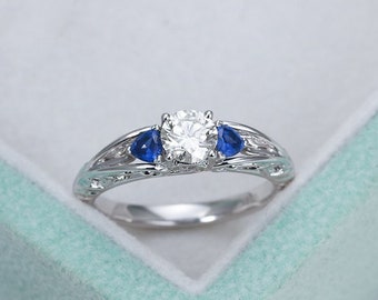 Moissanite Engagement ring with Trillion cut Loyal blue Sapphires White gold Jewelry for Women Art deco Vintage Anniversary